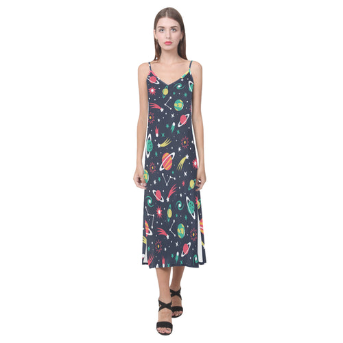 colorful space pattern planet star V-Neck Open Fork Long Dress
