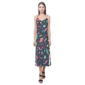 colorful space pattern planet star V-Neck Open Fork Long Dress