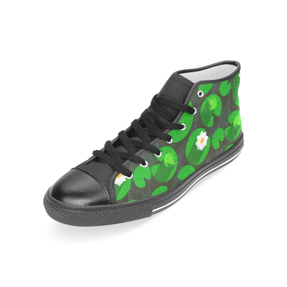 Frog waterlily pattern Women's High Top Canvas Shoes Black