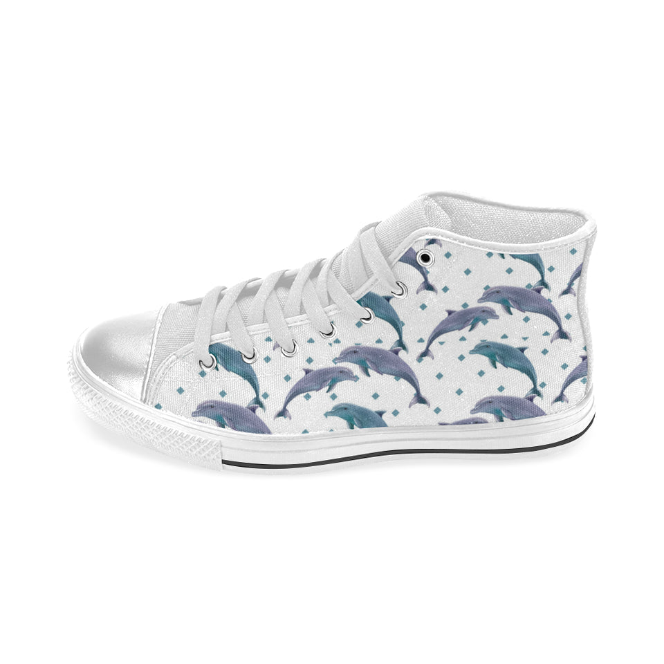 Dolphins pattern dotted background Women's High Top Canvas Shoes White