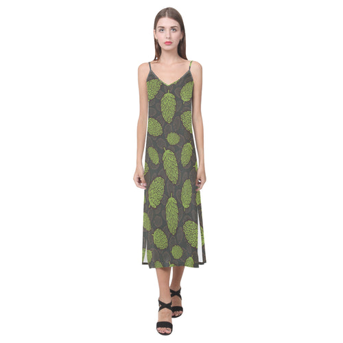 Hop pattern black background V-Neck Open Fork Long Dress