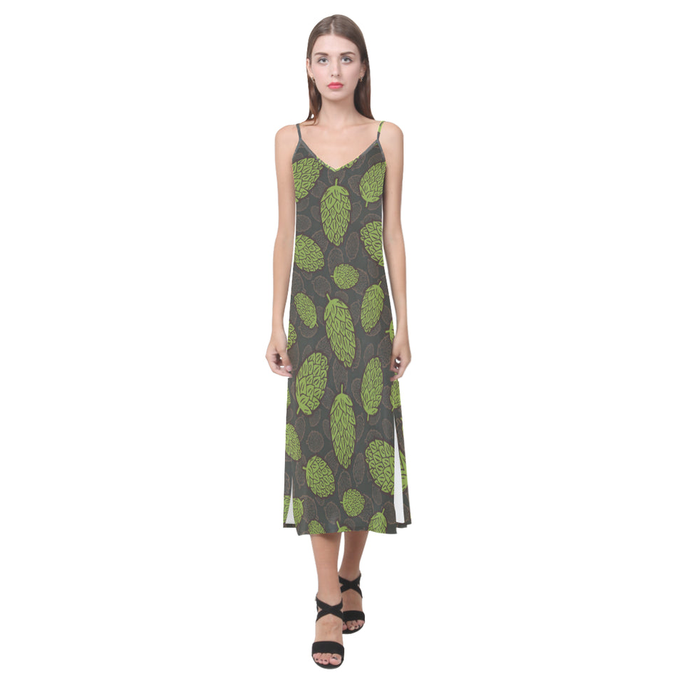Hop pattern black background V-Neck Open Fork Long Dress