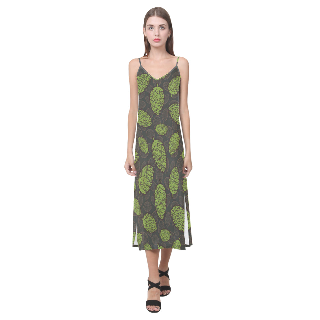 Hop pattern black background V-Neck Open Fork Long Dress