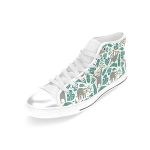 Cute sloths tropical palm leaves white background Women's High Top Canvas Shoes White