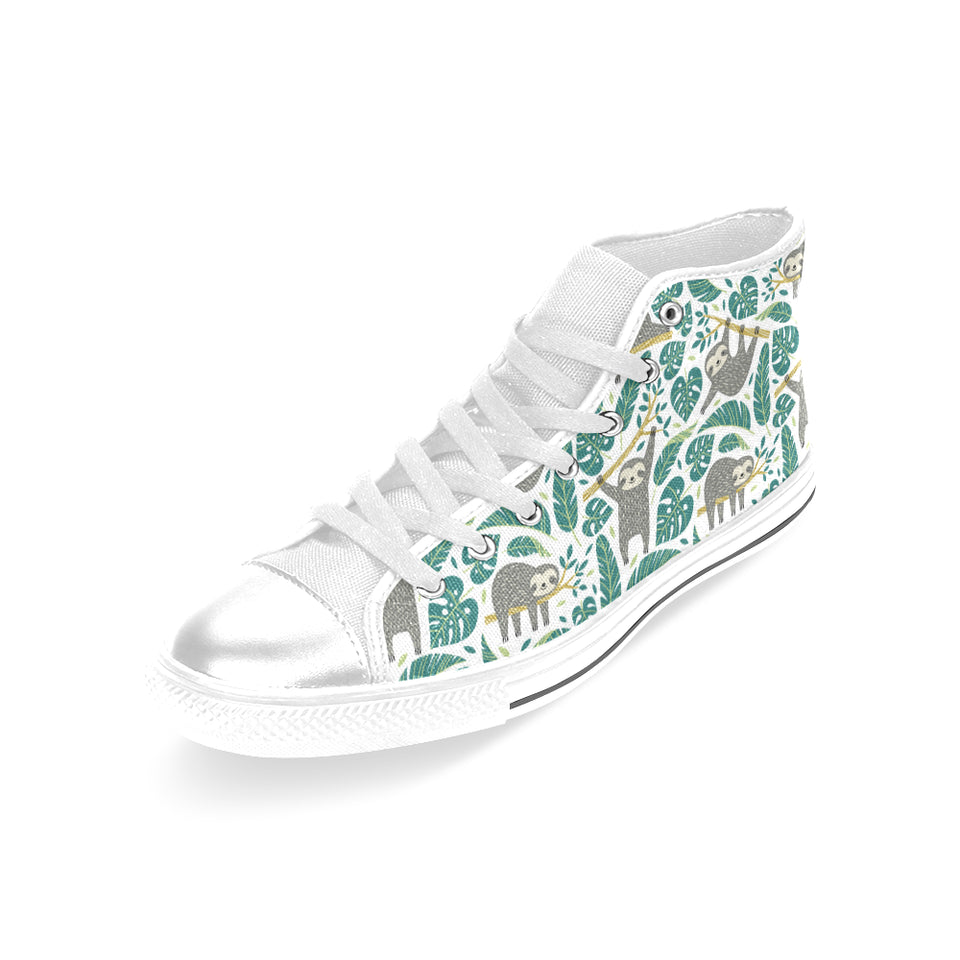 Cute sloths tropical palm leaves white background Women's High Top Canvas Shoes White