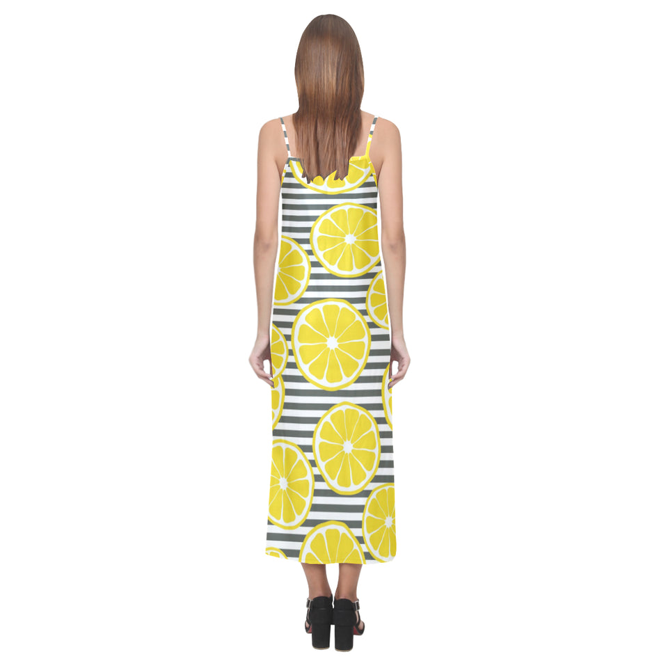 slice of lemon design pattern V-Neck Open Fork Long Dress