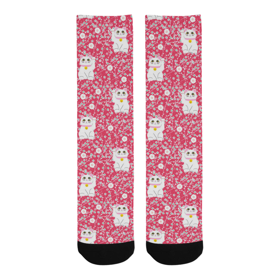 Maneki neko cat sakura pink background Crew Socks
