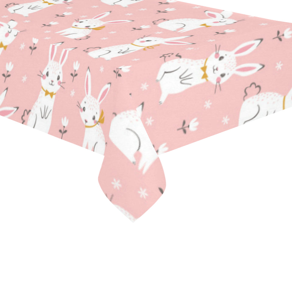 Cute white rabbit flower pink background Tablecloth