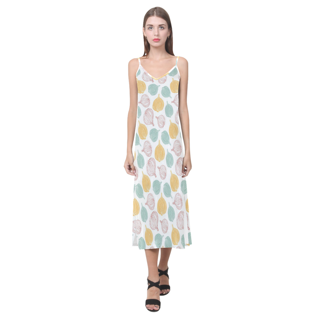 colorful onions white background V-Neck Open Fork Long Dress