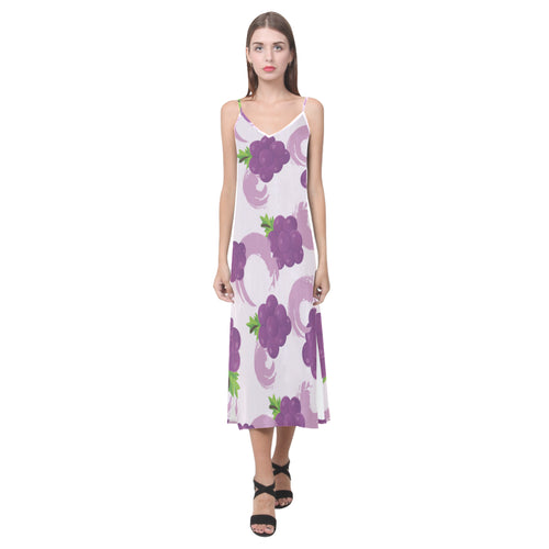 Cute Grape pattern V-Neck Open Fork Long Dress