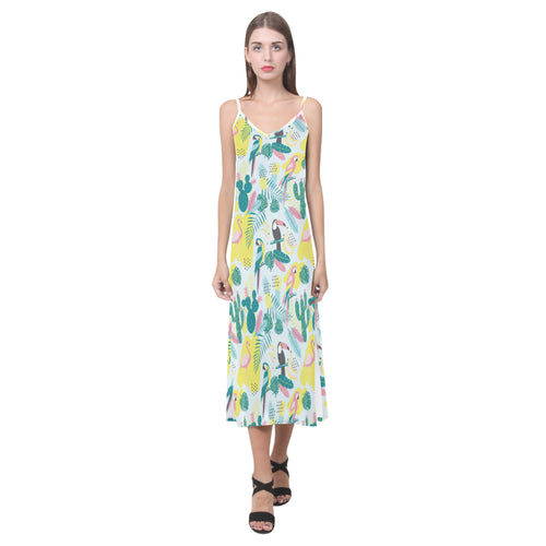 Cute parrot toucan flamingo cactus exotic leaves p V-Neck Open Fork Long Dress
