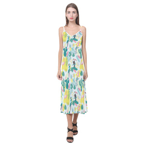 Cute parrot toucan flamingo cactus exotic leaves p V-Neck Open Fork Long Dress