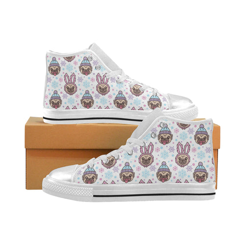 Cute pug hat rabbit costume pattern Women's High Top Canvas Shoes White
