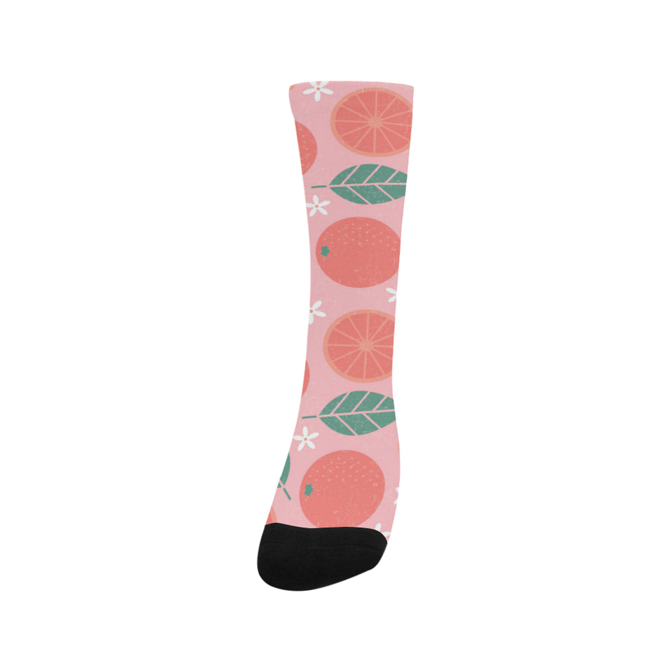 Grapefruit leaves flower pink background Crew Socks