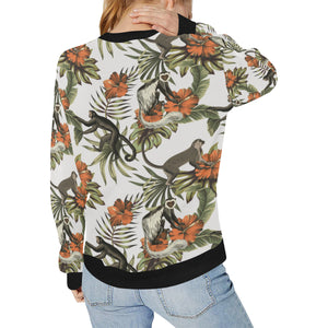 Monkey red hibiscus flower palm leaves floral patt Women's Crew Neck Sweatshirt