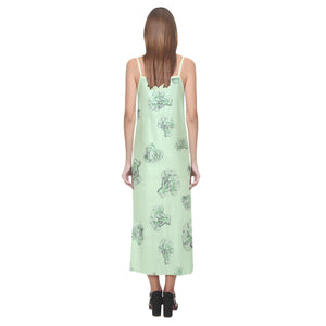 broccoli sketch pattern V-Neck Open Fork Long Dress