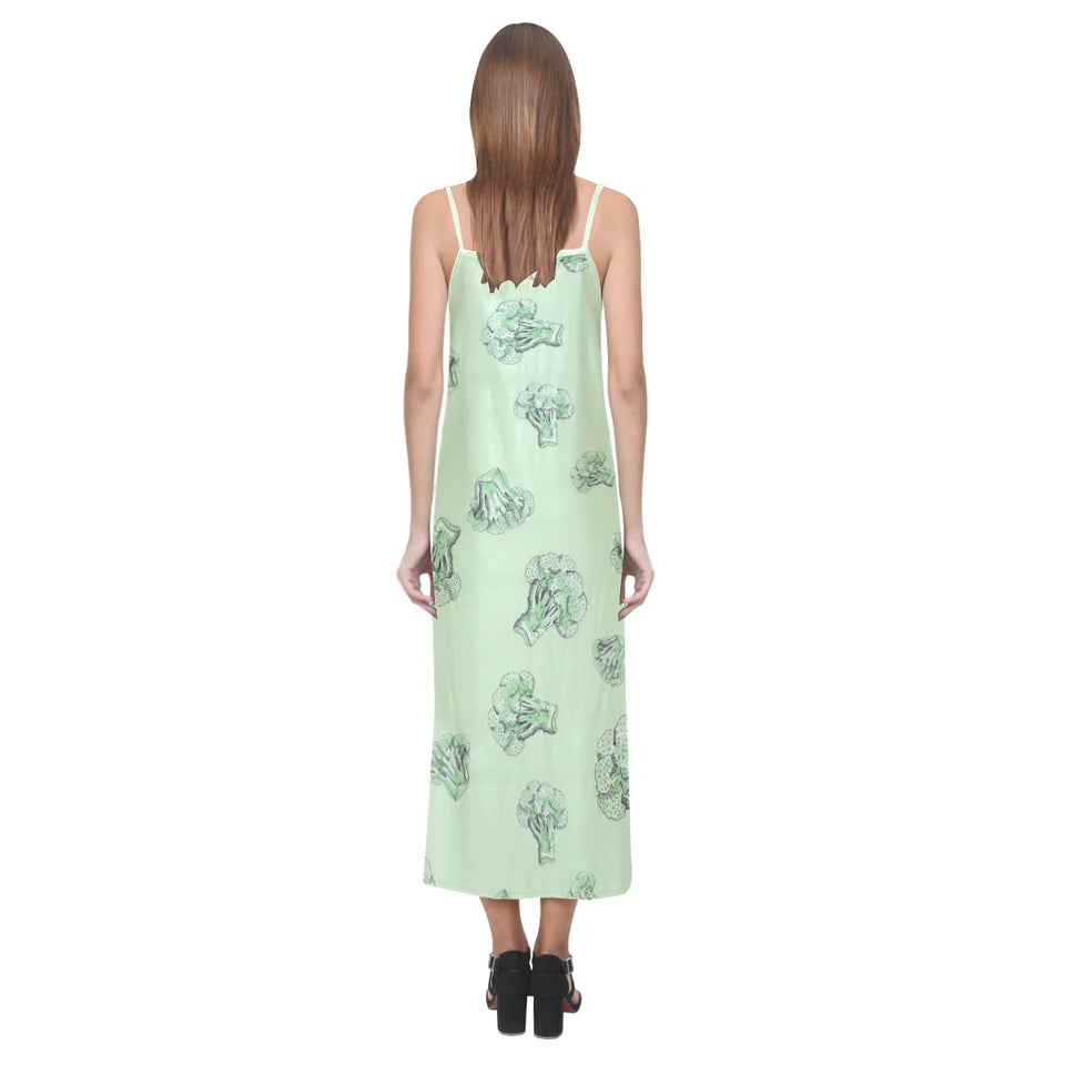 broccoli sketch pattern V-Neck Open Fork Long Dress