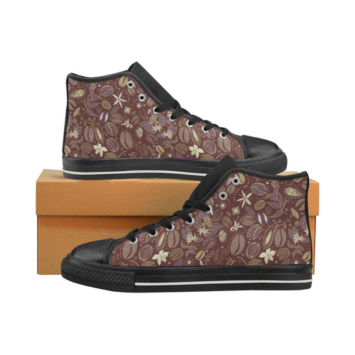 Coffee bean flower pattern Women's High Top Canvas Shoes Black
