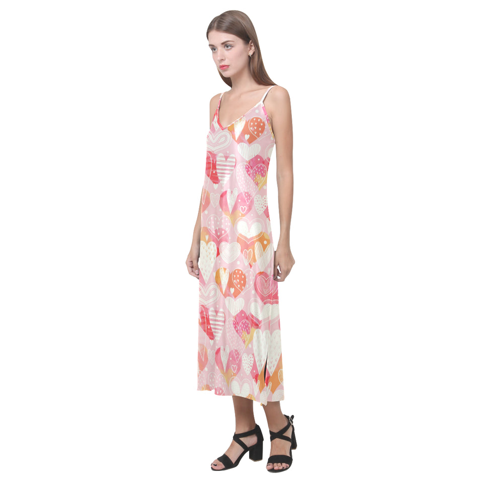 Hand drawn heart design pattern V-Neck Open Fork Long Dress