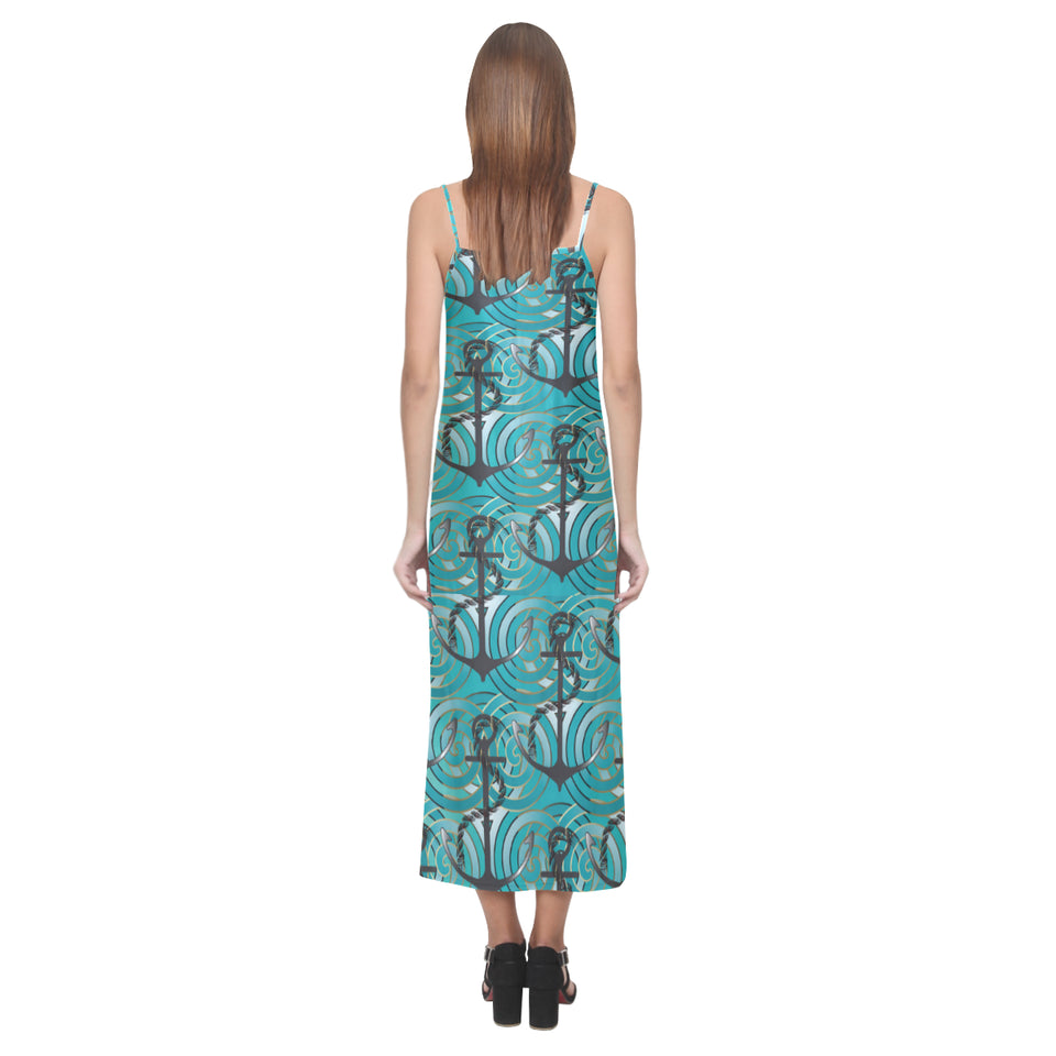 Anchor nautical green background V-Neck Open Fork Long Dress
