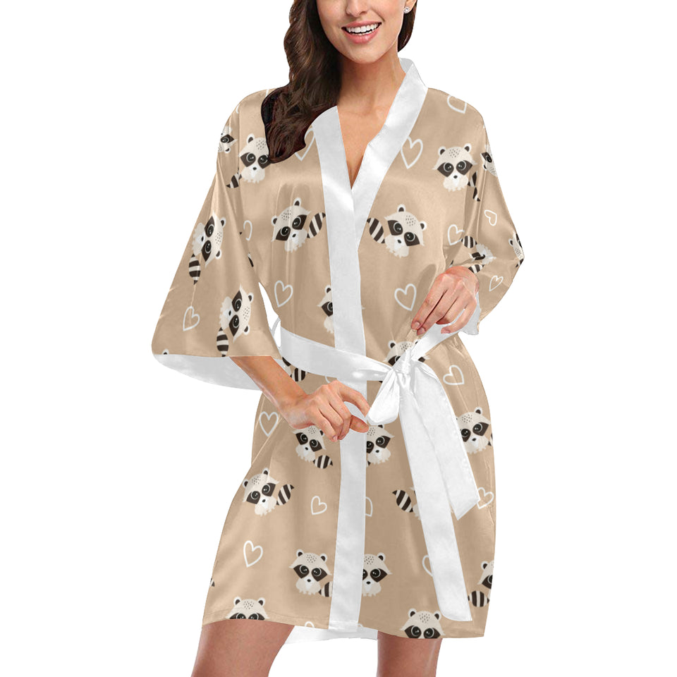Cute raccoon heart pattern Women's Short Kimono Robe