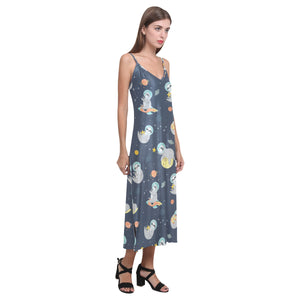 Cute sloth astronaut star planet rocket pattern V-Neck Open Fork Long Dress