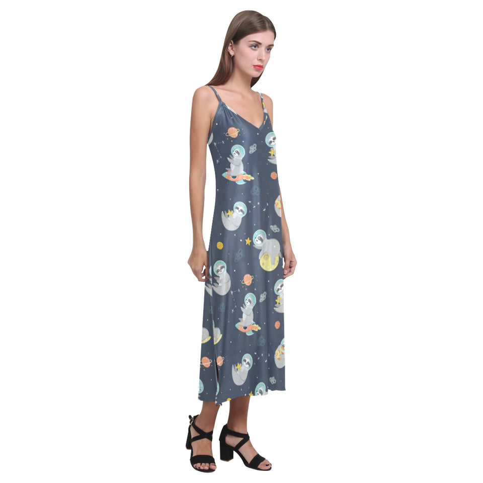 Cute sloth astronaut star planet rocket pattern V-Neck Open Fork Long Dress