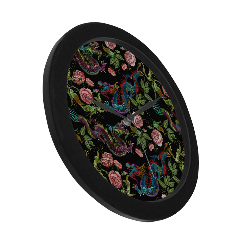 Dragons flower pattern Elegant Black Wall Clock