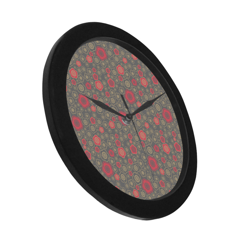Red gold Sakura cherry blossom gray background Elegant Black Wall Clock