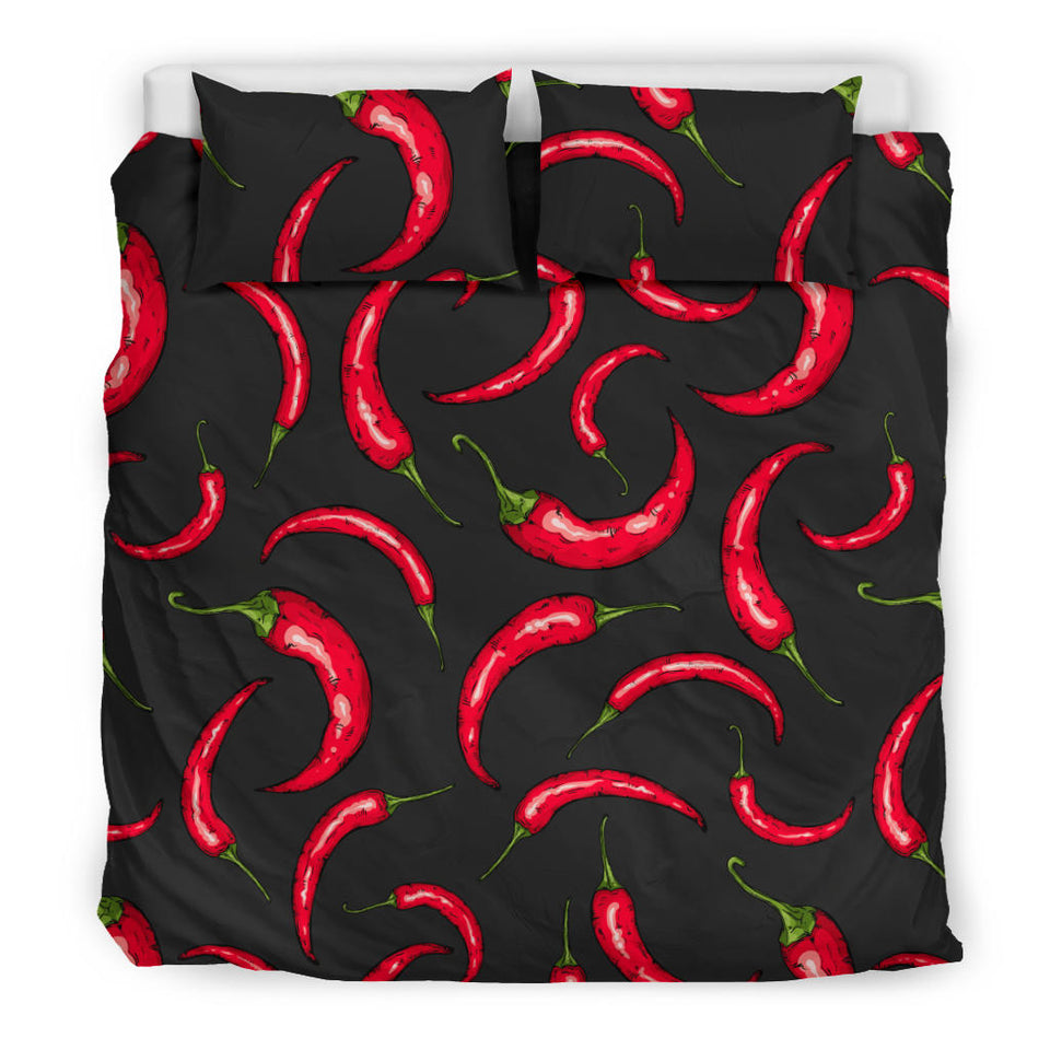 Chili Peppers Pattern Black Background  Bedding Set