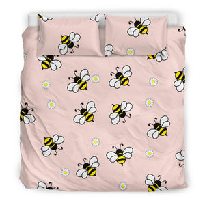 Cute Bee Flower Pattern Pink Background  Bedding Set