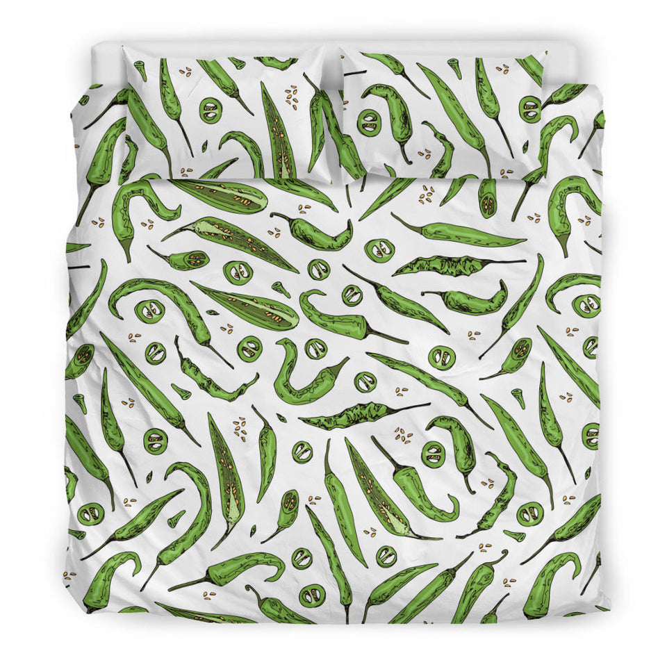 Hand Drawn Sketch Style Green Chili Peppers Pattern  Bedding Set