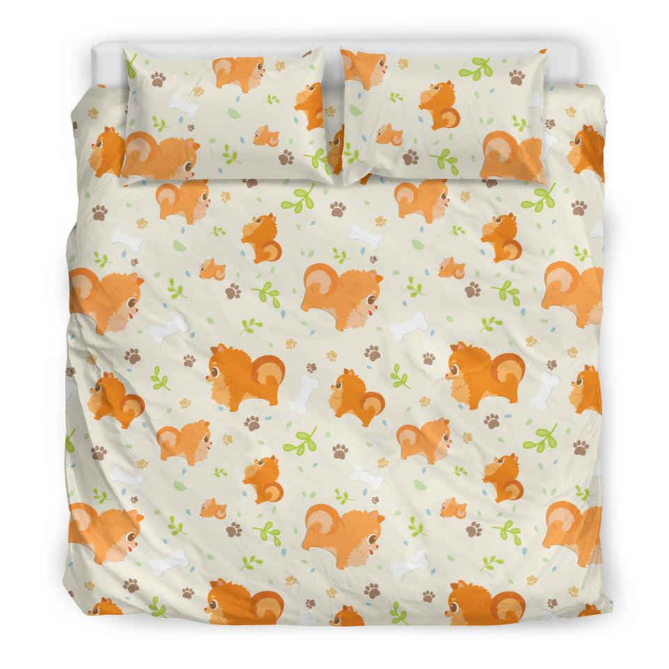 Cute Brown Pomeranian Paw Leave Bone Pattern Bedding Set