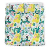 Cute Parrot Toucan Flamingo Cactus Exotic Leaves Pattern Bedding Set
