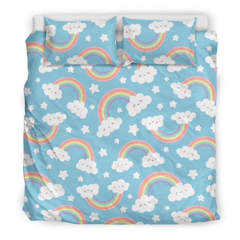 Cute Rainbow Clound Star Pattern Blue Background Bedding Set