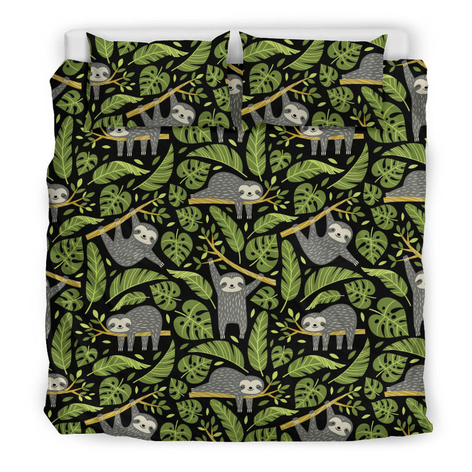 Cute Sloths Tropical Palm Leaves Black Background Bedding Set