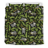 Cute Sloths Tropical Palm Leaves Black Background Bedding Set