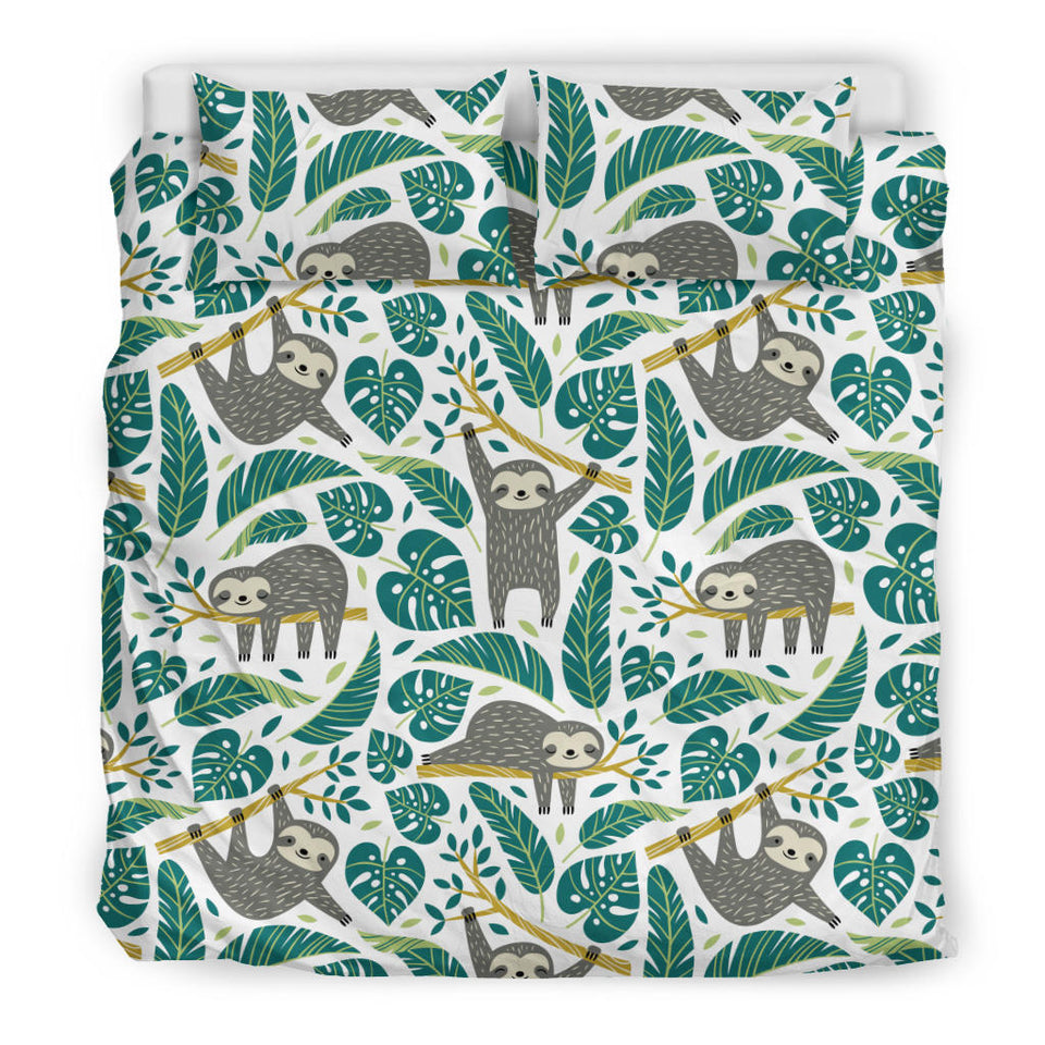 Cute Sloths Tropical Palm Leaves White Background Bedding Set