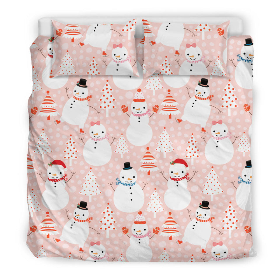 Cute Snowman Christmas Tree Snowpink Background Bedding Set