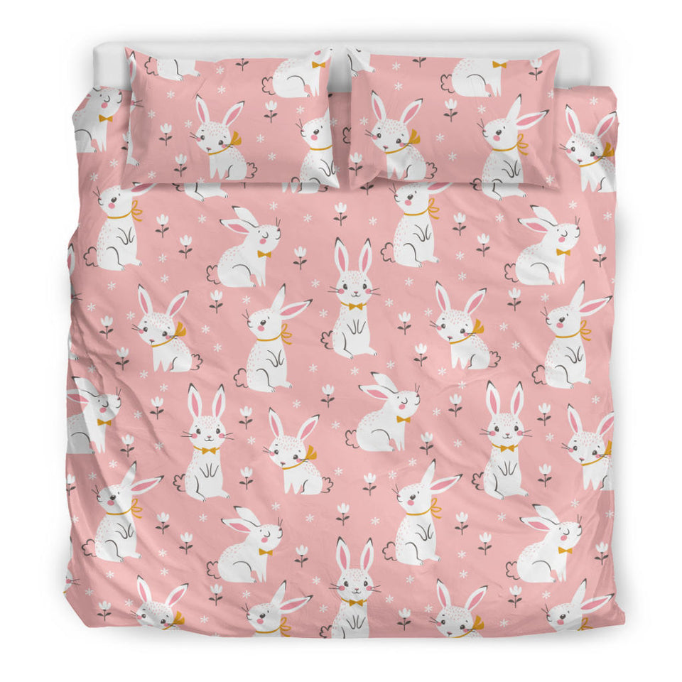Cute White Rabbit Flower Pink Background Bedding Set
