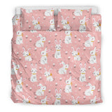 Cute White Rabbit Flower Pink Background Bedding Set