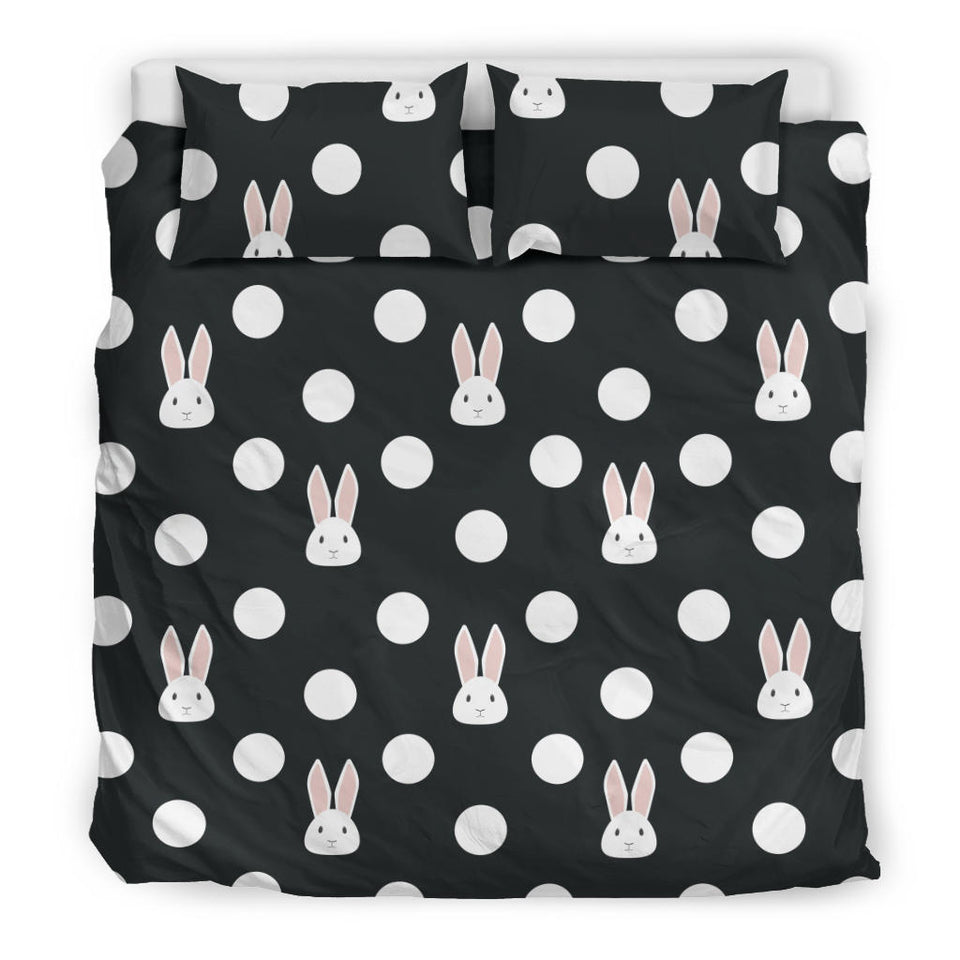 Cute White Rabbit Polka Dots Black Background Bedding Set