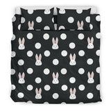 Cute White Rabbit Polka Dots Black Background Bedding Set