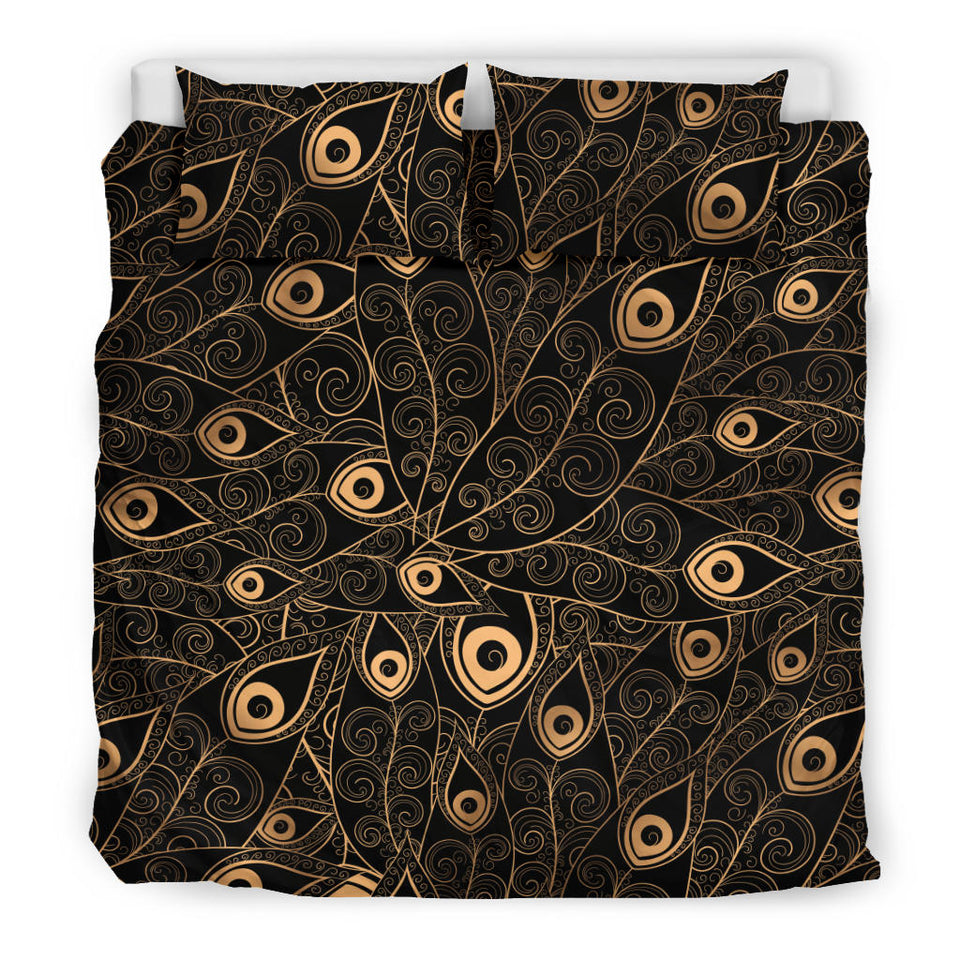 Gold Peacock Feather Pattern Bedding Set