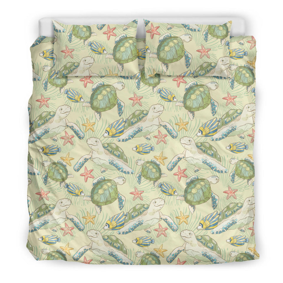 Hand Drawn Sea Turtle Fish Pattern Bedding Set