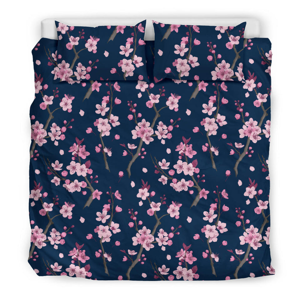 Pink Sakura Cherry Blossom Blue Background Bedding Set