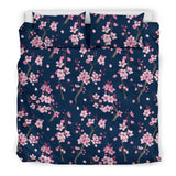 Pink Sakura Cherry Blossom Blue Background Bedding Set