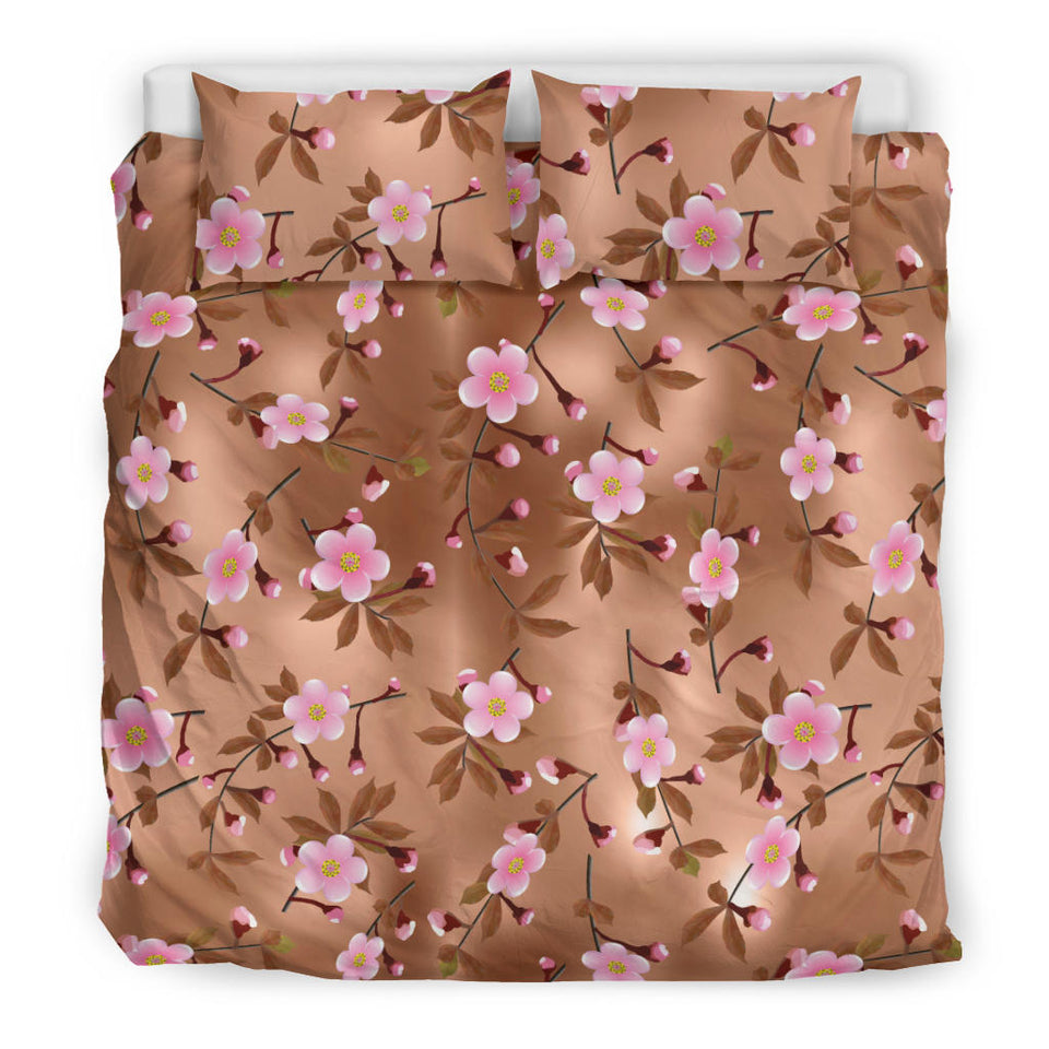 Pink Sakura Cherry Blossom Drak Brown Background Bedding Set
