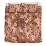 Pink Sakura Cherry Blossom Drak Brown Background Bedding Set