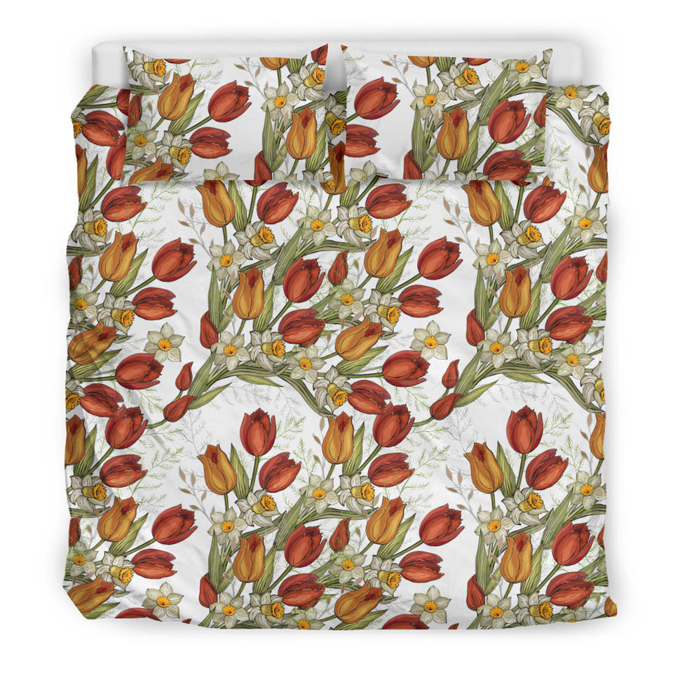 Red Tulips And Daffodils Pattern Bedding Set